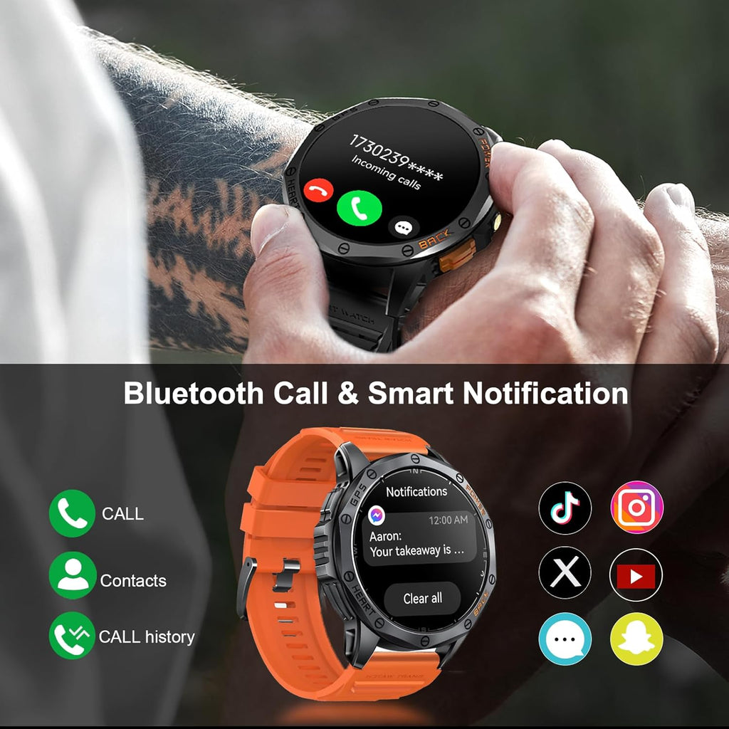 Military Smart Watches Built-In GPS, 170+ Sport Modes for Men with Flashlight, Smartwatch for Android Phones and Iphone, 1.43" AMOLED Screen Bluetooth Call Compass Altimeter (Black & Orange (2 Bands))