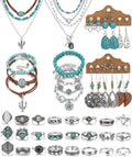 Bohemian Jewelry Set with Turquoise Necklace, Dangle Earrings, Stackable Bangle Bracelets, Knuckle Rings for Women Vintage Western Boho Turquoise Anniversary Birthday Friendship Gift