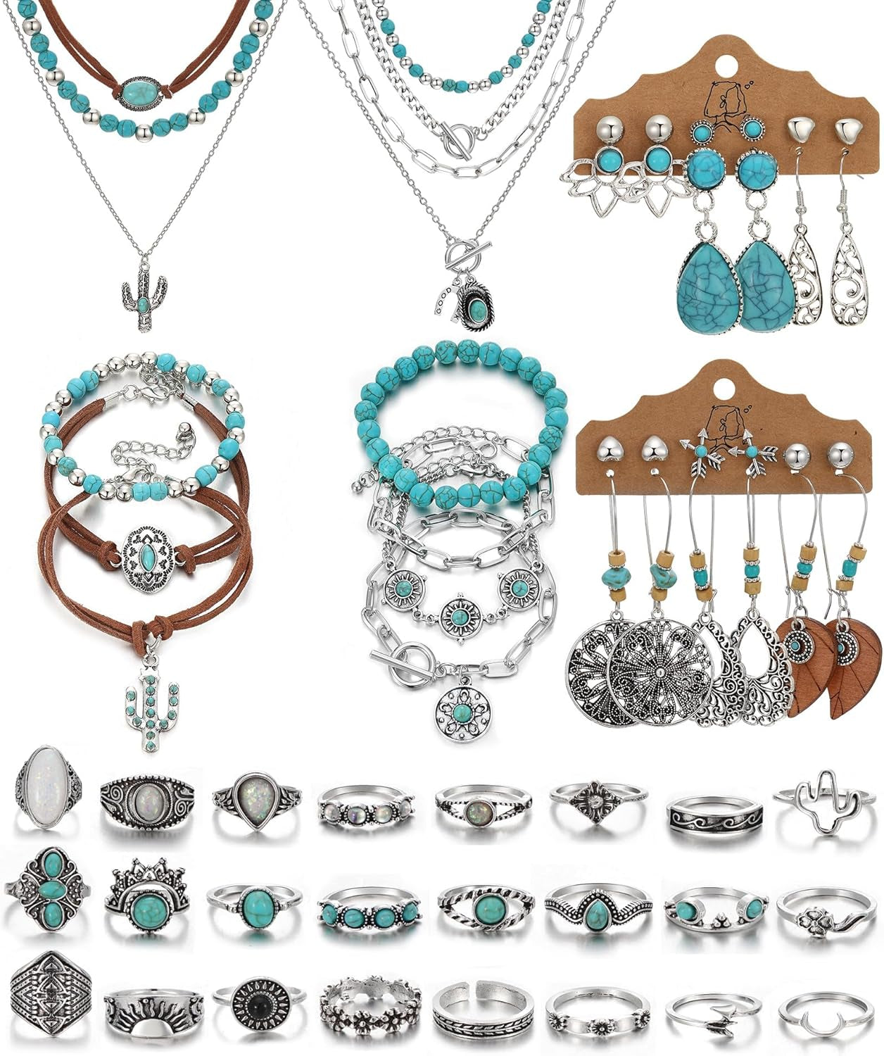 Bohemian Jewelry Set with Turquoise Necklace, Dangle Earrings, Stackable Bangle Bracelets, Knuckle Rings for Women Vintage Western Boho Turquoise Anniversary Birthday Friendship Gift