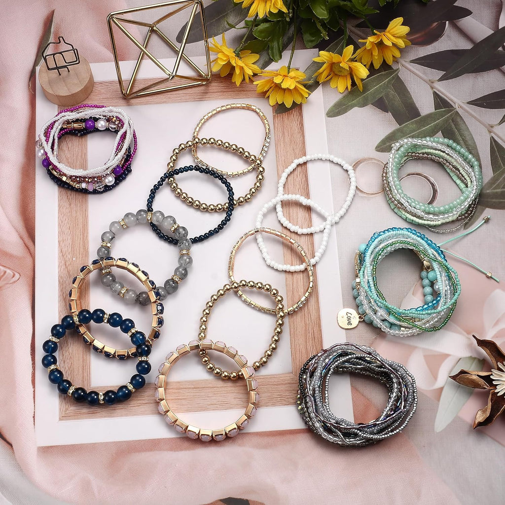 6 Sets Bohemian Stackable Bead Bracelets for Women Stretch Bohemian Style Stretch Multilayered Boho Bracelet Set