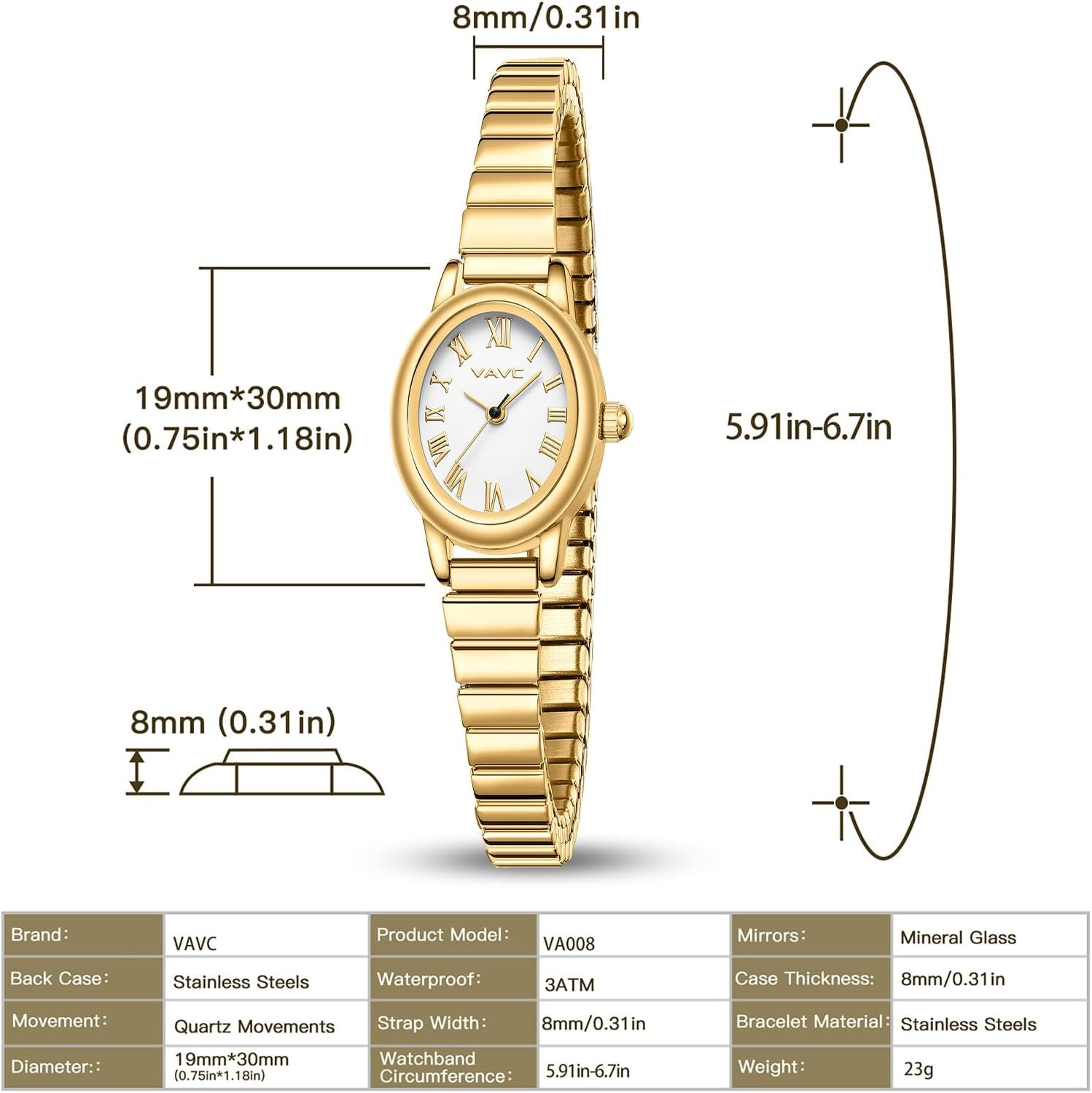 Small Gold Watches for Women,Analog Womens Watch with Stainless Steel Expansion Band,Oval Case Roman Dial,Water Resistant