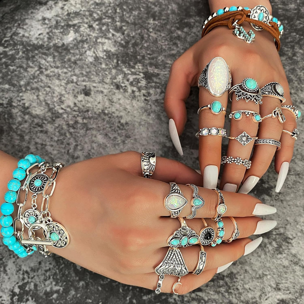 Bohemian Jewelry Set with Turquoise Necklace, Dangle Earrings, Stackable Bangle Bracelets, Knuckle Rings for Women Vintage Western Boho Turquoise Anniversary Birthday Friendship Gift