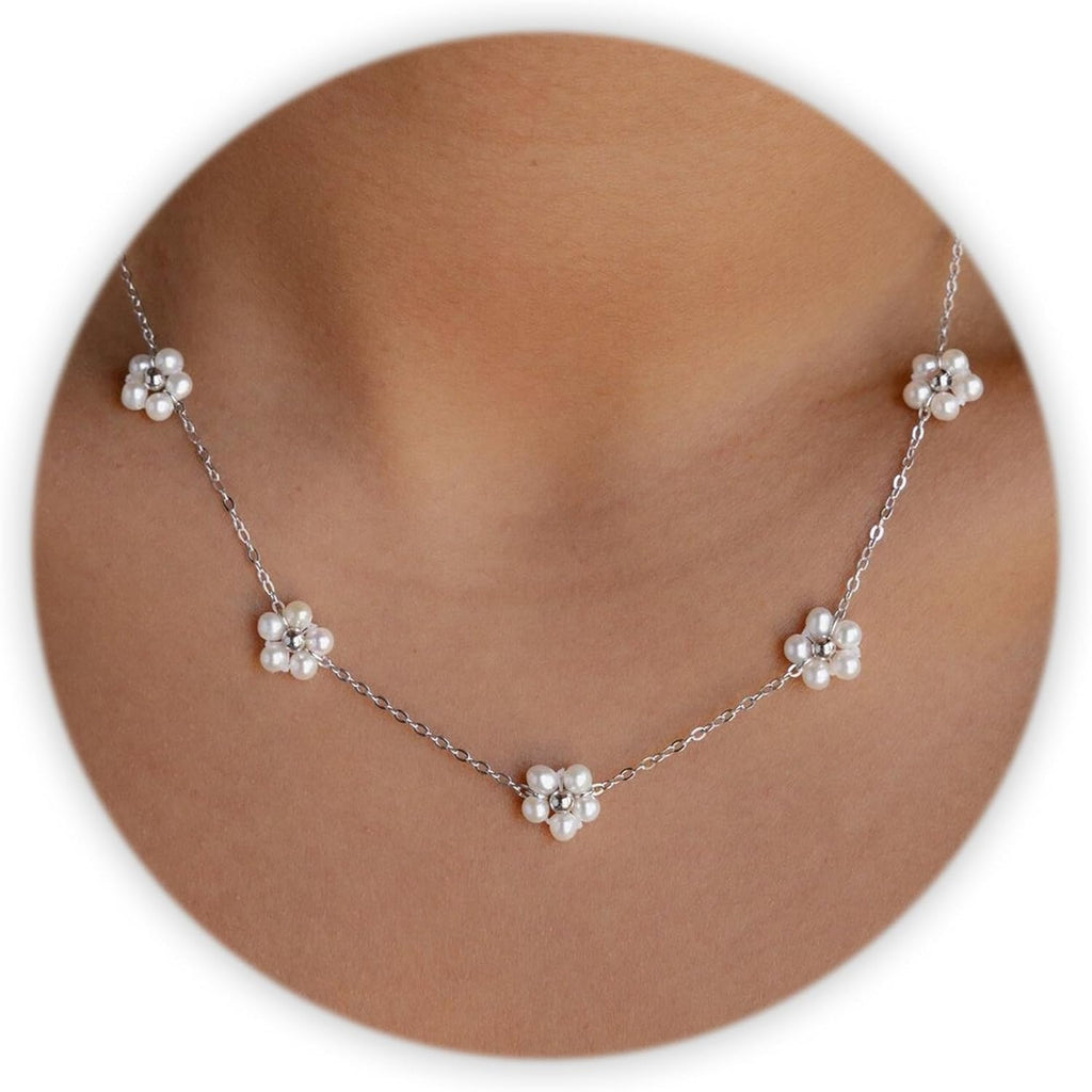 Pearl Necklaces, Daisy Pearls Choker for Women'S Pearl Strand Necklaces as Silver and Gold Choker for Teens, Silver Daisy Birthday Gifts 3 Pearls White Necklace as Prom Bridesmaid Gifts