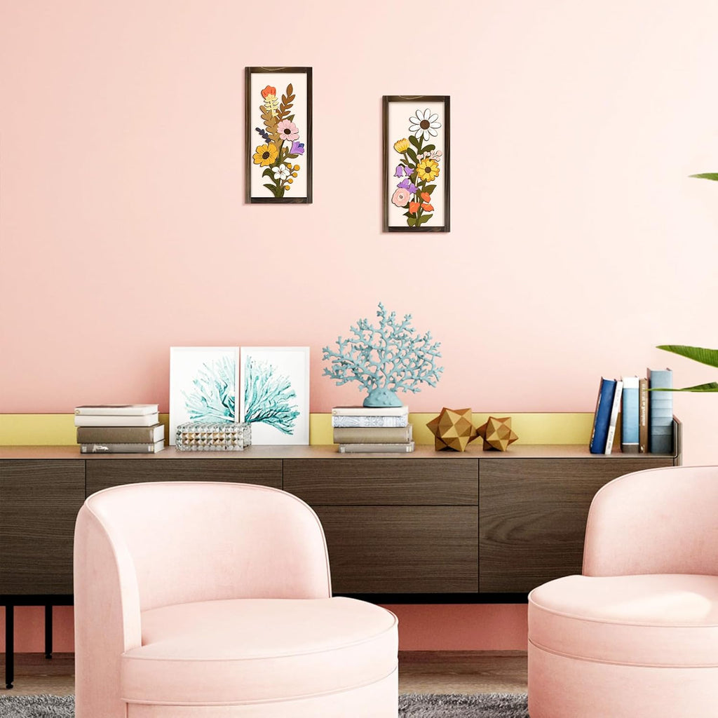 3D Floral Wall Art, 2 Set Rustic Wood Boho Flower with Vase Framed Wall Decor for Bathroom Living Room Bedroom Office Housewarming Gift, Ready to Hang Plaque Sculptures (White-A, 6L" X 12W", Framed)