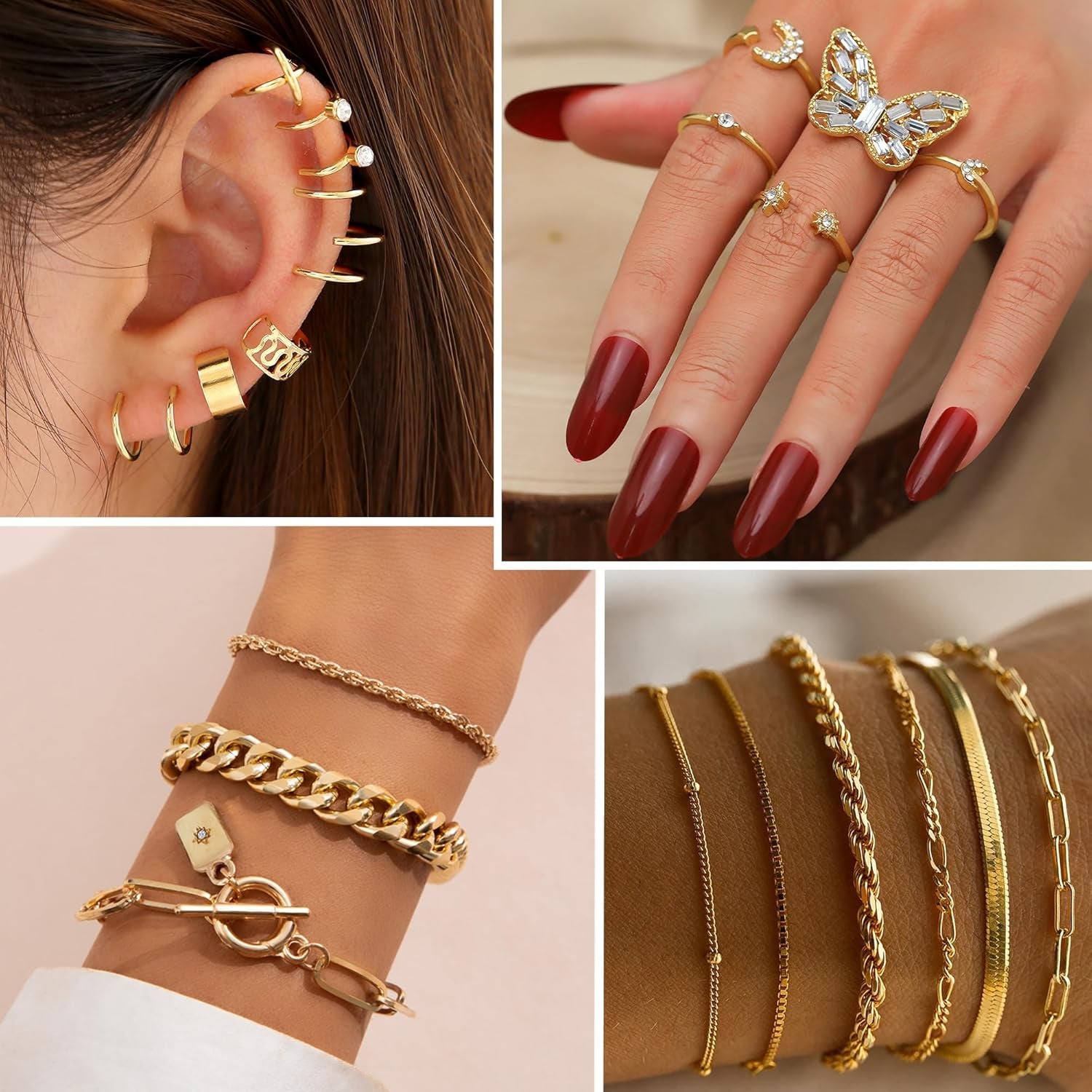 93 Pcs Golden Jewelry Set for Women Costume Jewelry Pack Golden Plated Necklace Bracelet Stackable Ring Earrings Jewelry for Christmas New Year