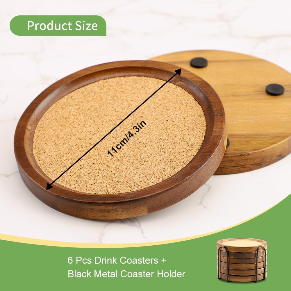 Wood Cork Coasters for Drinks Absorbent with Holder,  Acacia Wood Coaster Sets Rustic Farmhouse for Coffee Table Dining Table Wooden Table Coasters for Desk, Set of 6 4.33In