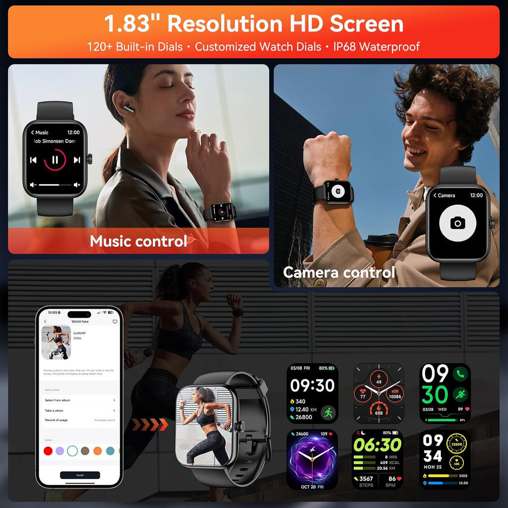 Smart Watch for Men Women with Alexa Built-In, 1.83" HD Full Touch, Bluetooth Calling, 24/7 Heart Rate Sleep Monitor, 100+ Sport Modes, IP68 Waterproof, Compatible with Ios Android (Black)