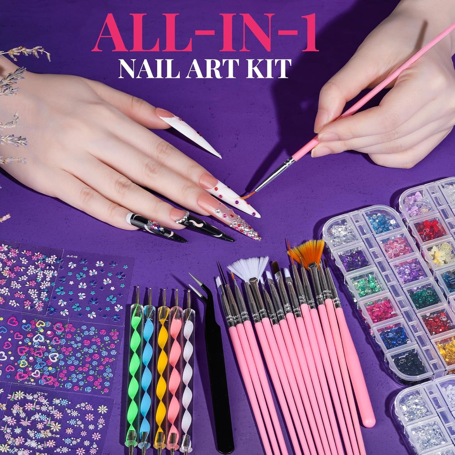 Nail Charms and Nail Brushes, Nail Accessories Kit with 15 Pcs Nail Art Brushes, 6 Box Nail Charms and Gems, 10 Pcs Flower Nail Stickers, 5 Pcs Dotting Tools, Nail Art Kit with Nail Brush