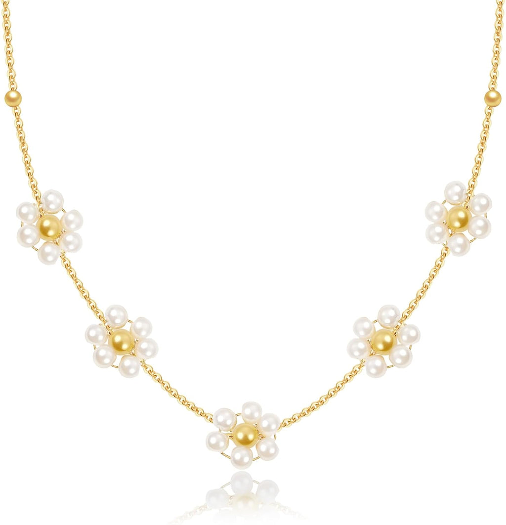 Pearl Necklaces, Daisy Pearls Choker for Women'S Pearl Strand Necklaces as Silver and Gold Choker for Teens, Silver Daisy Birthday Gifts 3 Pearls White Necklace as Prom Bridesmaid Gifts