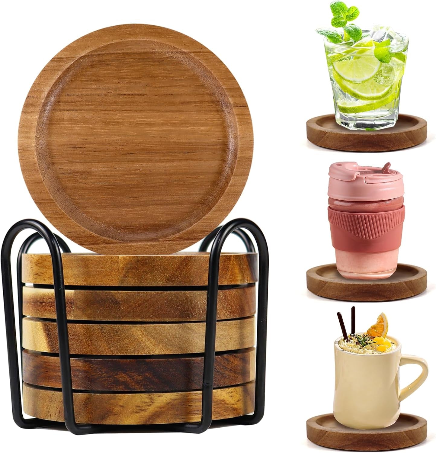 Acacia Wood Coasters Set of 4 with Holder – Natural Wooden Drink Coasters with Foam Feet, Anti-Slip & Heat-Resistant – Elegant Rustic Home Decor & Perfect Housewarming Gift