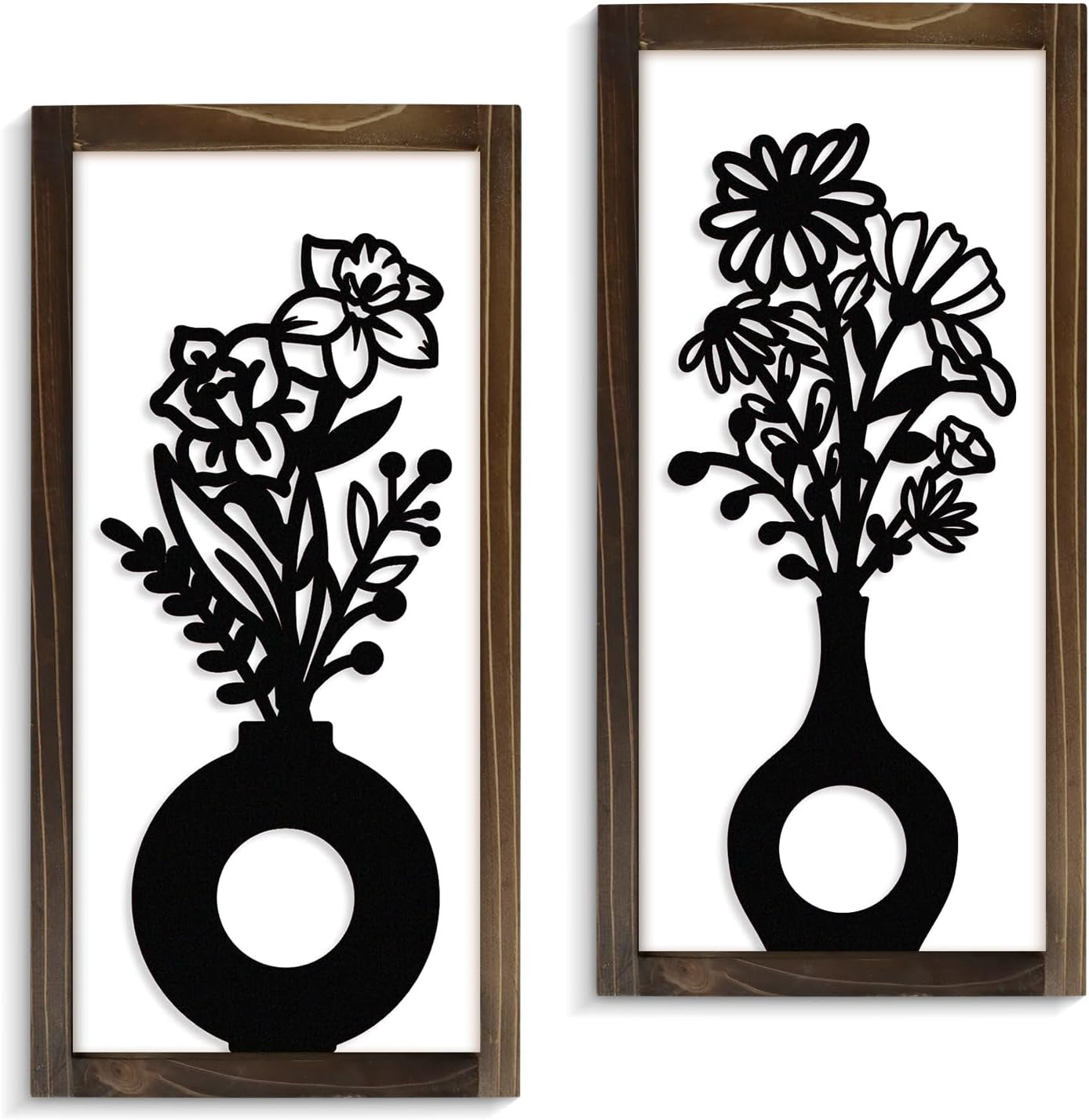 3D Floral Wall Art, 2 Set Rustic Wood Boho Flower with Vase Framed Wall Decor for Bathroom Living Room Bedroom Office Housewarming Gift, Ready to Hang Plaque Sculptures (White-A, 6L" X 12W", Framed)