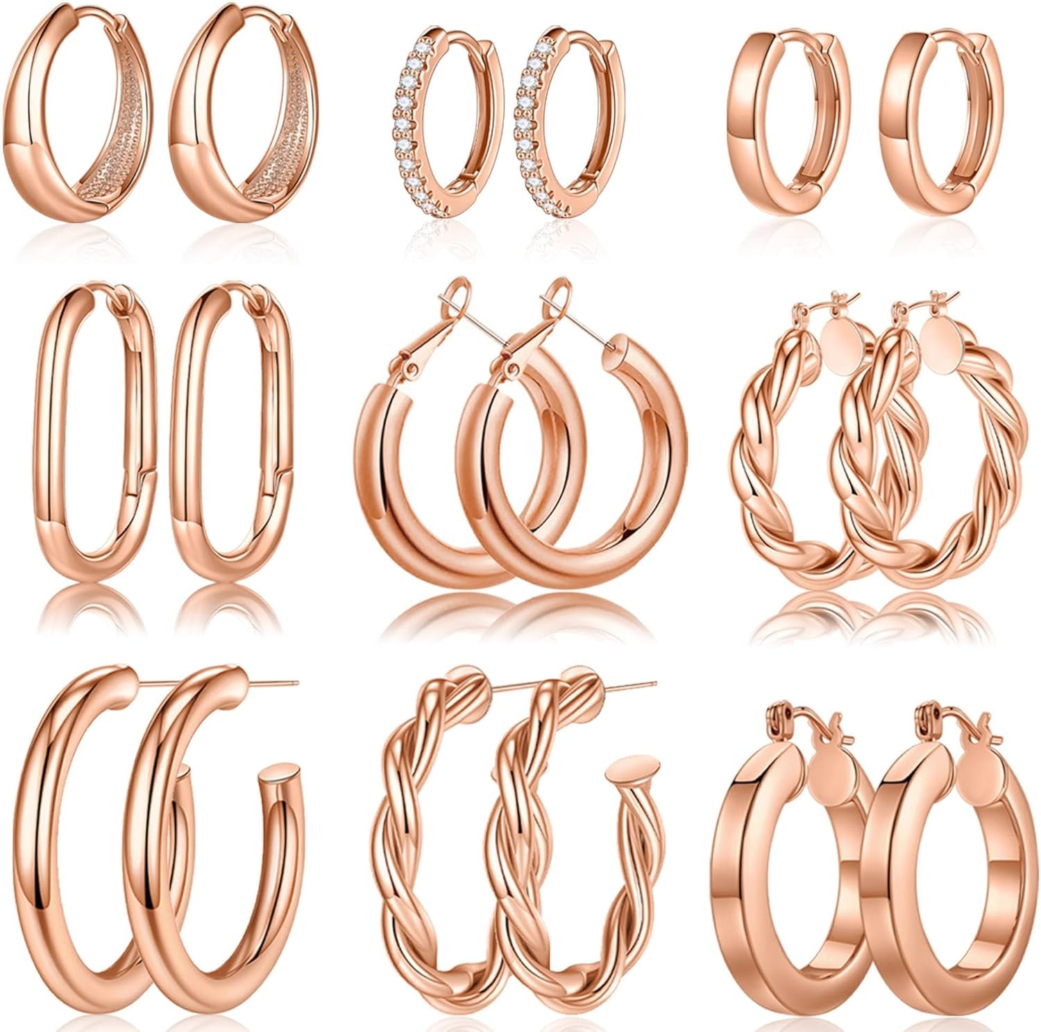 9 Pairs Gold Hoop Earrings for Women, 14K Real Gold Plated Chunky Hoop Earrings Set for Women Hypoallergenic Thick Lightweight Earring for Womens Jewelry Gifts