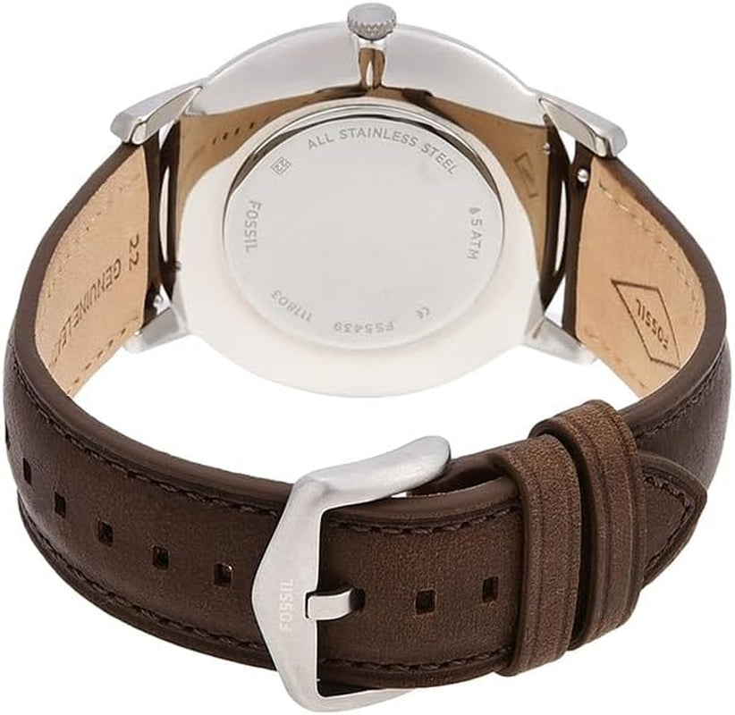 Men'S Minimalist Quartz Stainless Steel and Brown Leather Three-Hand Watch for Men, Color: Silver, Brown
