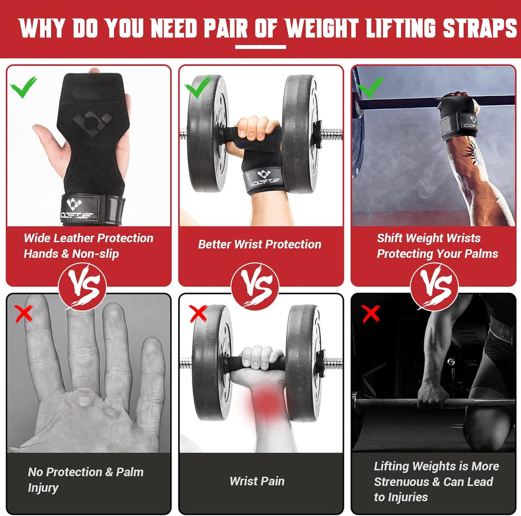 Weight Lifting Wrist Strap, Double Layer Leather Wrist Strap for Deadlift and Powerlifting, Adjustable Neoprene Padded Gym Workout Lifting Hooks (Pair)