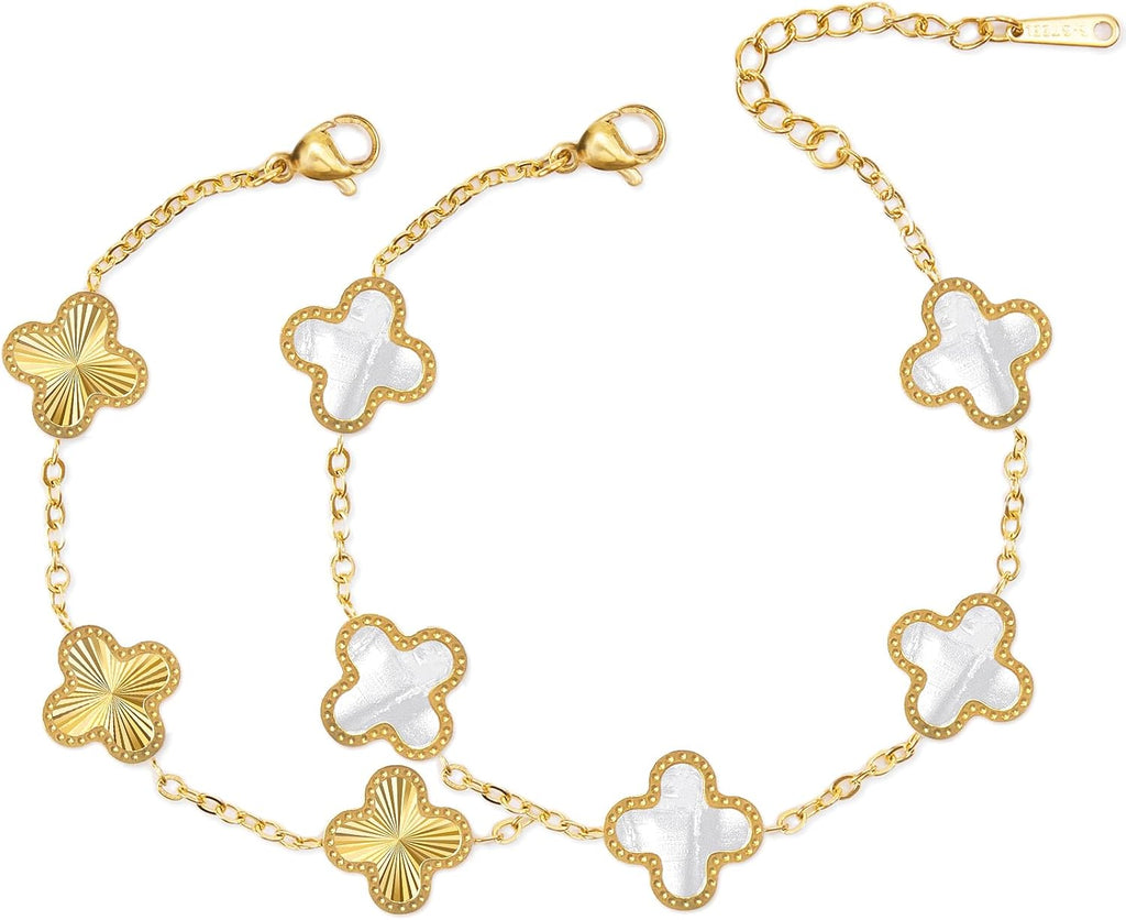 Unique 18K Gold Four Leaf Clover Bracelet for Women White Gold Lucky Link Clover Bracelets, Trendy Bracelets Set Jewelry Gifts for Women