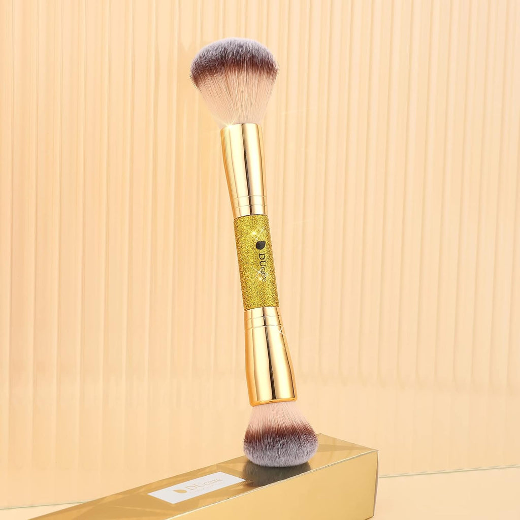 Dual End Powder Kabuki Makeup Brush Gold Glitter Vegan Synthetic for Liquid Cream Setting Powder