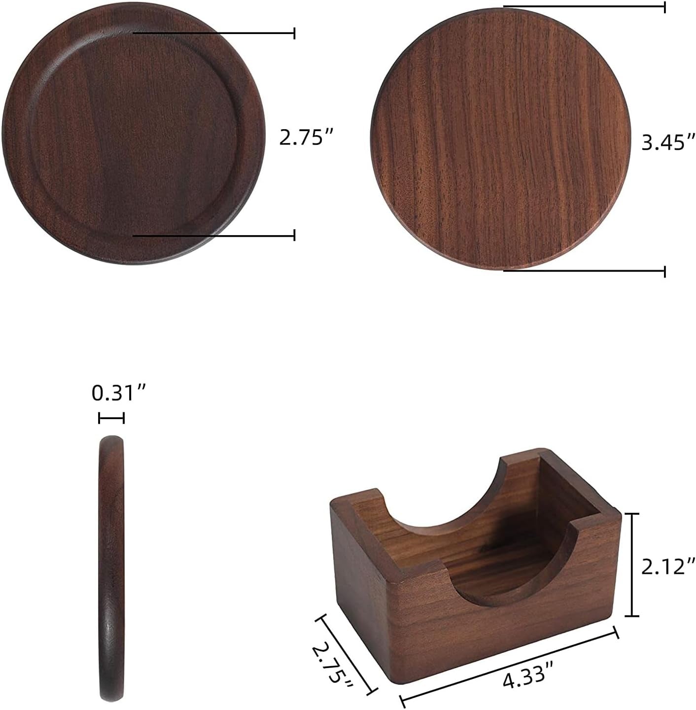 Classic Walnut Dark Coaster Set of 6 Pieces. Including the Holder Pure Natural Wood and Texture. Wonderful Decor for Dining Tables and Office Tables