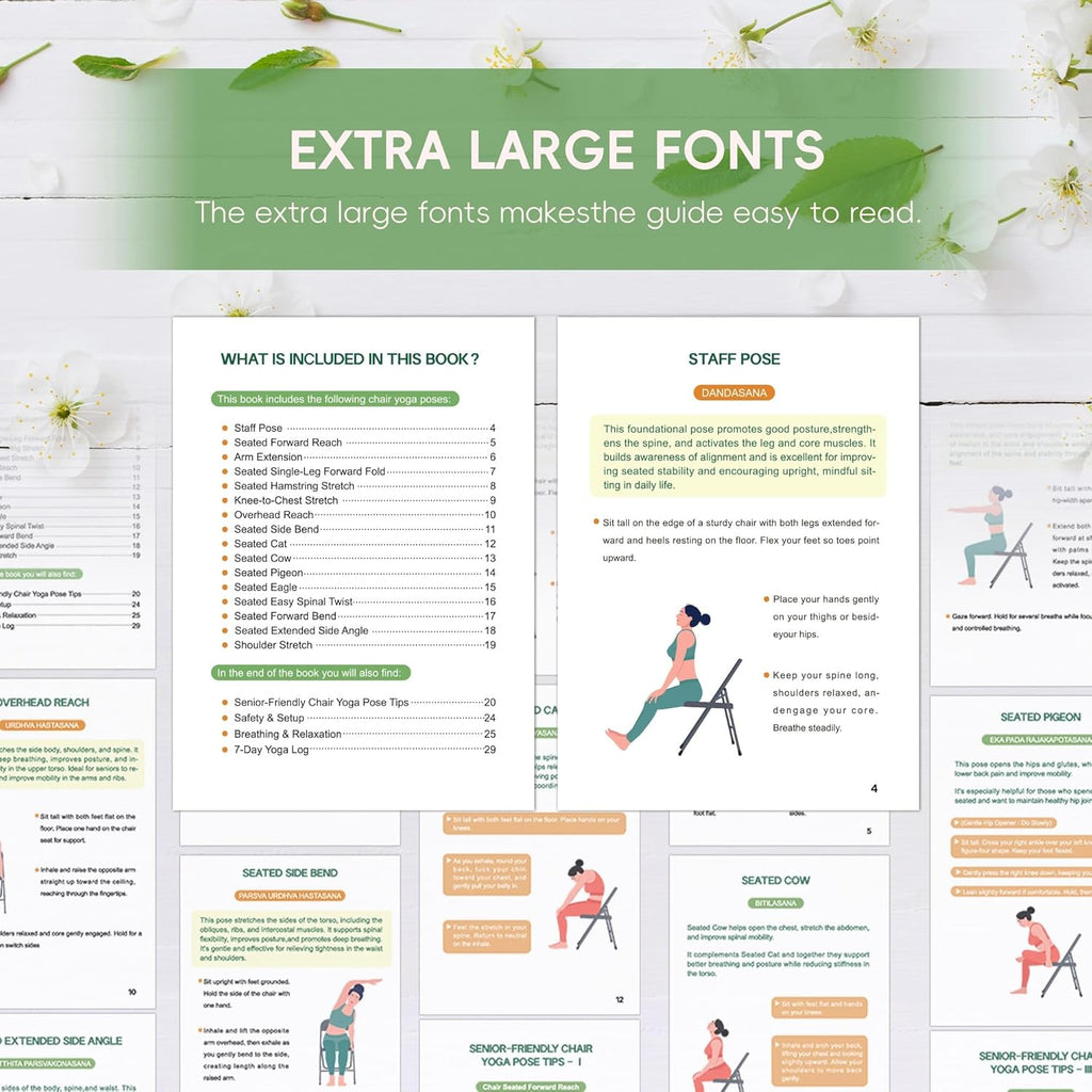 Chair Yoga for Seniors over 60 Book & Chart – 30-Day Challenge, Gentle Seated Yoga Guide, Chair Yoga for Weight Loss & Flexibility, Senior Chair Exercises for Women & Men, 8.5X11" Book on Chair Yoga