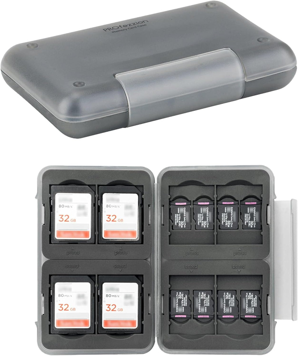SD Card Holder Case Water-Resistant: Portable 12 Slots Memory Card Case for 8 Micro SD Card & 4 SD/SDXC/SDHC Card, Memory Card Hard Carrying Box Keeper Protector with Rubber Interior Grey