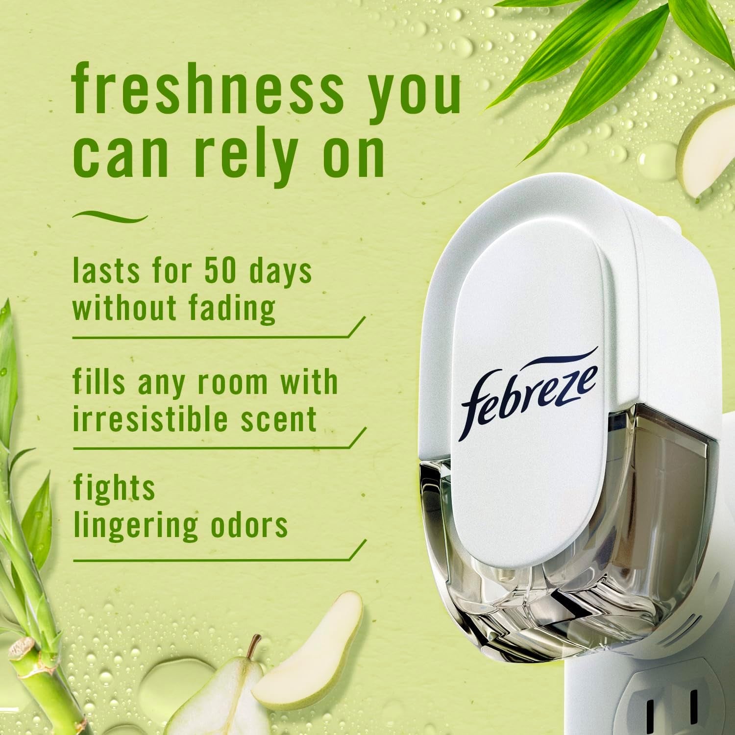 Plug-In Air Freshener, Odor-Fighting Scented Oil Starter Kit, Air Fresheners for Home and Bathroom and Kitchen, Long Lasting for Strong Odors, Bamboo Scent, Warmer + 4 Refill