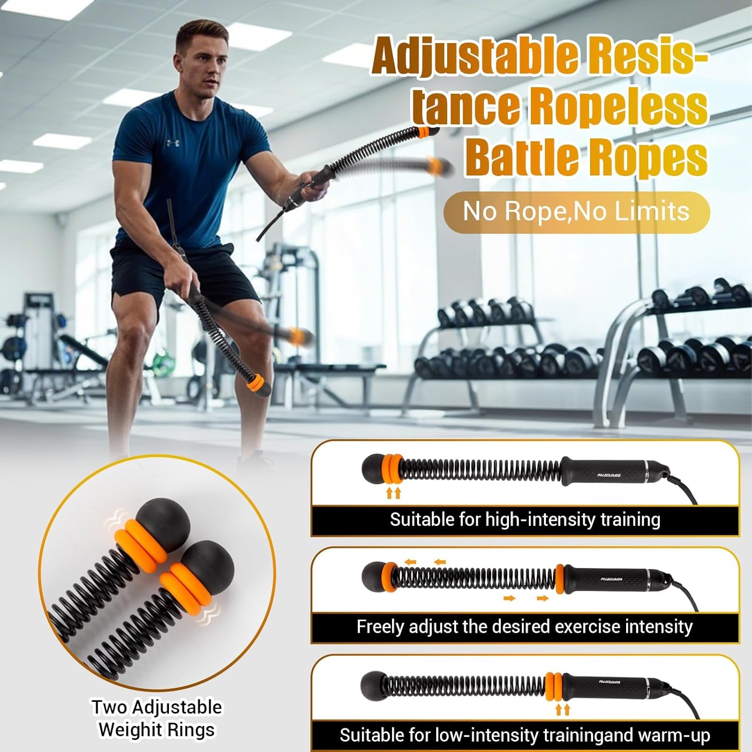 Portable Ropeless Battle Ropes, Adjustable Weights Cordless Battle Ropes for Home Gym with Storage Bag, Weighted Exercise Equipment for Low-Impact Workout, Strength & HIIT, for Men & Women (Black)