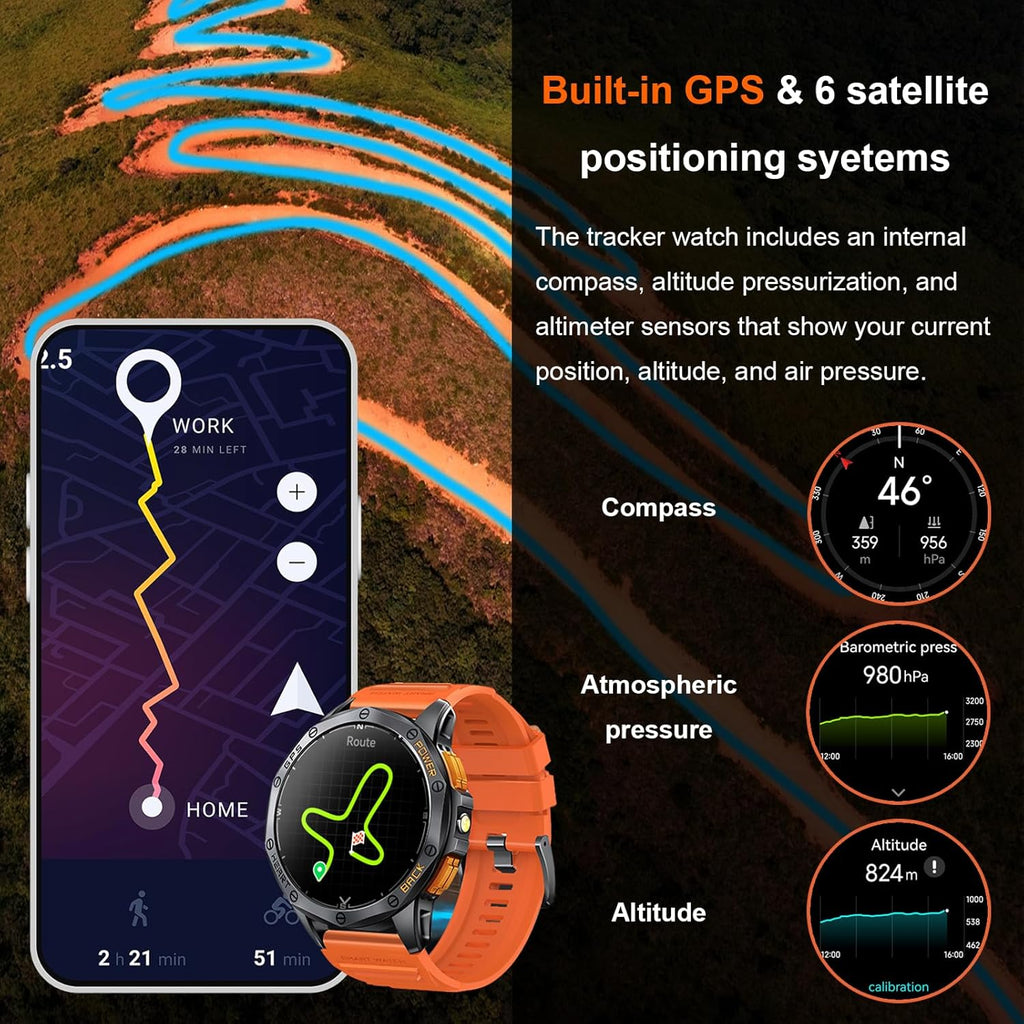 Military Smart Watches Built-In GPS, 170+ Sport Modes for Men with Flashlight, Smartwatch for Android Phones and Iphone, 1.43" AMOLED Screen Bluetooth Call Compass Altimeter (Black & Orange (2 Bands))