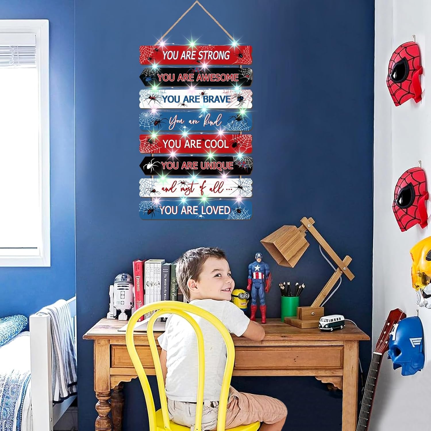 Spider Room Decor with LED Lights Bedroom Boys Room Wall Decor Children Inspirational Motivational Wall Art Wooden Wall Decor Little Boy Kids Room Interior Decor Toddler Room Sign