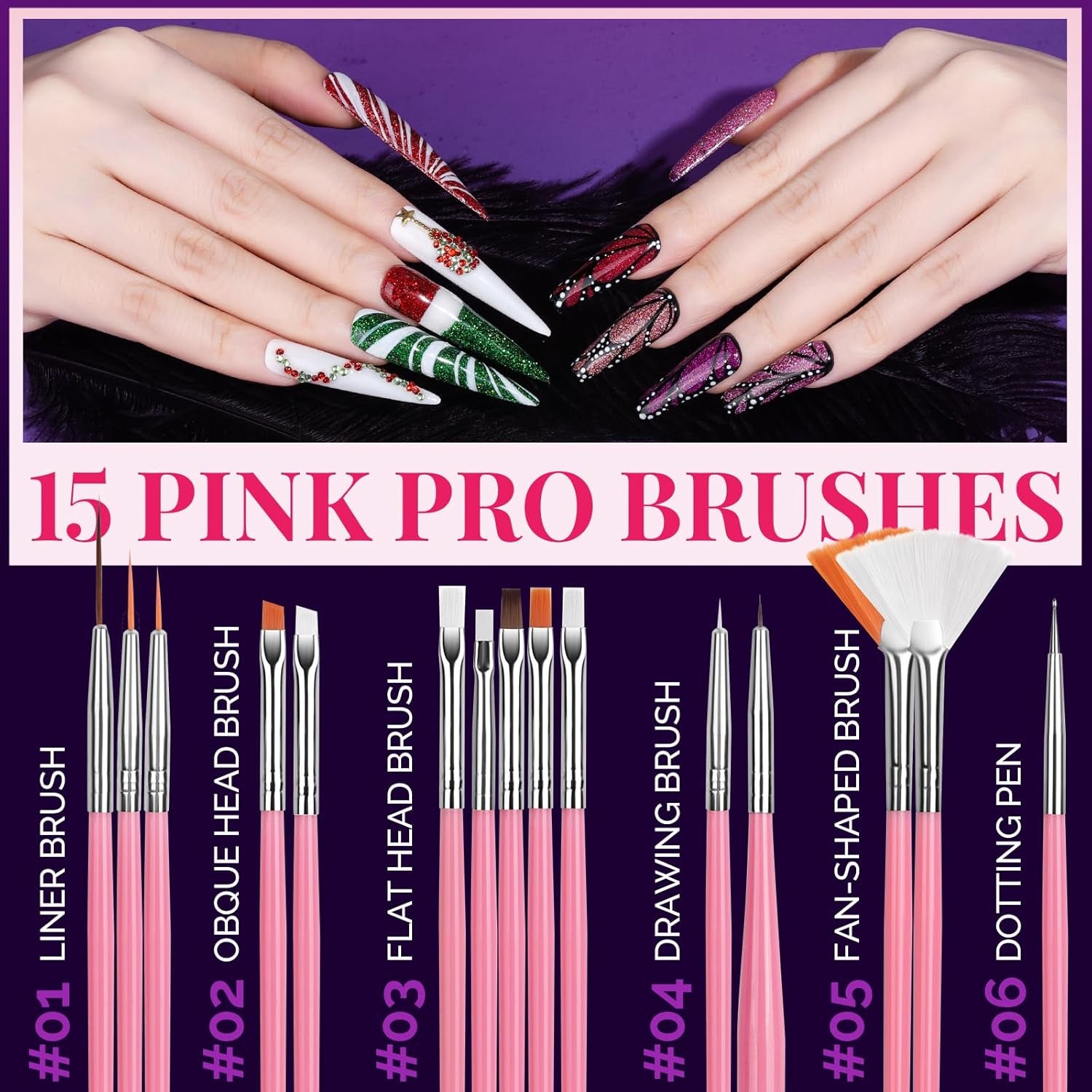 Nail Charms and Nail Brushes, Nail Accessories Kit with 15 Pcs Nail Art Brushes, 6 Box Nail Charms and Gems, 10 Pcs Flower Nail Stickers, 5 Pcs Dotting Tools, Nail Art Kit with Nail Brush