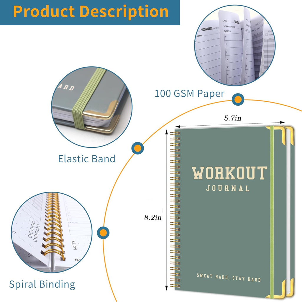 Fitness Workout Planner for Women & Men, A5(5.7" X 8.2") Workout Log Planner for Track Gym ＆ Home Workouts, Track Progress, Achieve Your Wellness Goals - Green