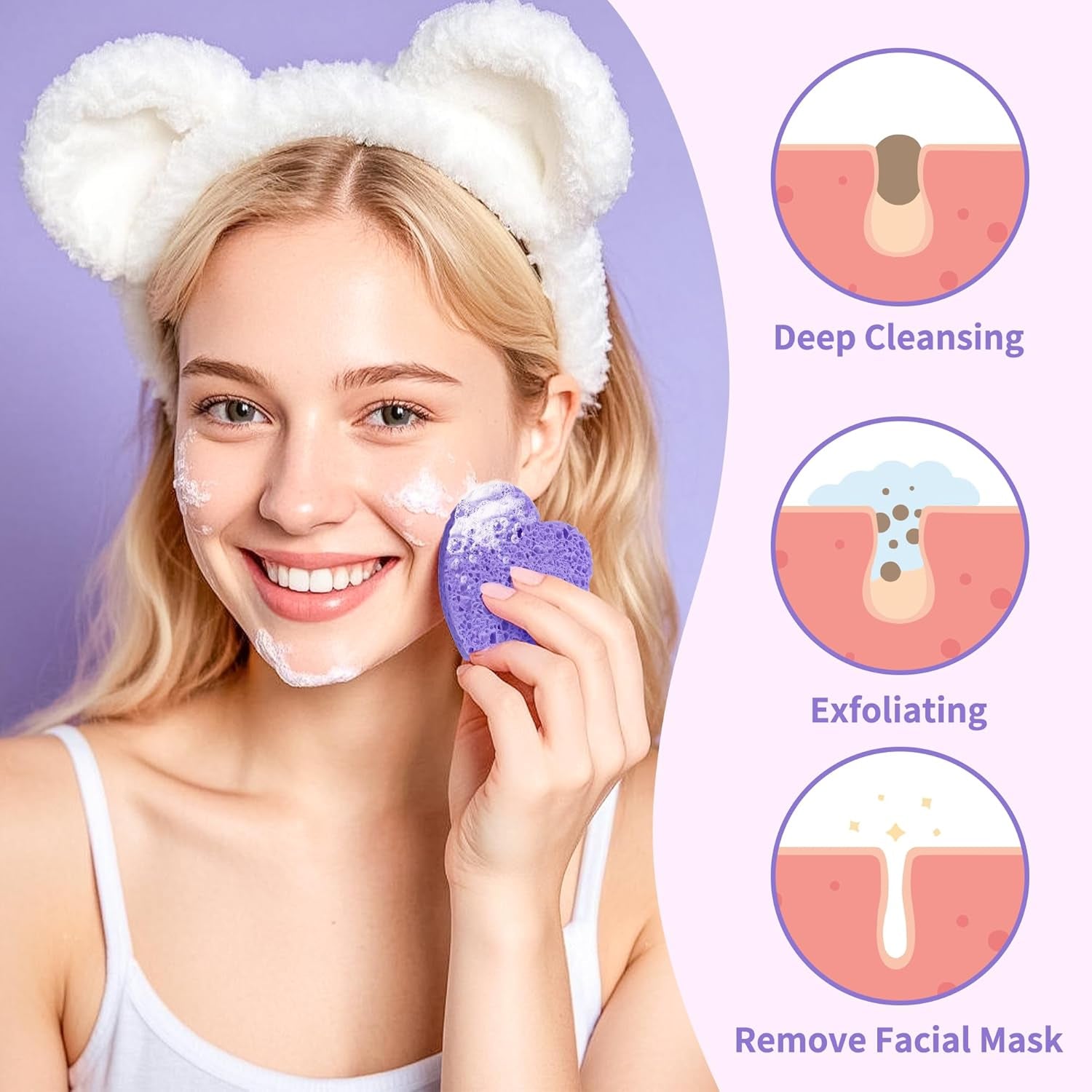 100-Count Compressed Facial Sponges, Heart Shape Face Sponge for Cleansing, Natural Cosmetic Spa Sponges for Facial Cleansing, Exfoliating Mask (Purple Heart Sponges)