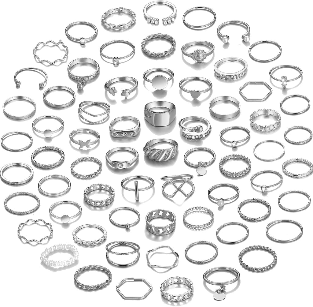 68 Pcs Gold Knuckle Rings Set for Women, Stackable Boho Joint Finger Midi Rings Silver Hollow Carved Crystal Stacking Ring Pack for Gift