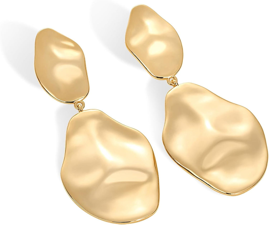 14K Gold Plated 925 Sterling Silver Posts Teardrop Statement Dangle Earrings | Lightweight Hammered Drop Dangle Earrings for Women
