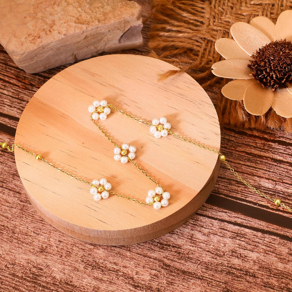 Pearl Necklaces, Daisy Pearls Choker for Women'S Pearl Strand Necklaces as Silver and Gold Choker for Teens, Silver Daisy Birthday Gifts 3 Pearls White Necklace as Prom Bridesmaid Gifts