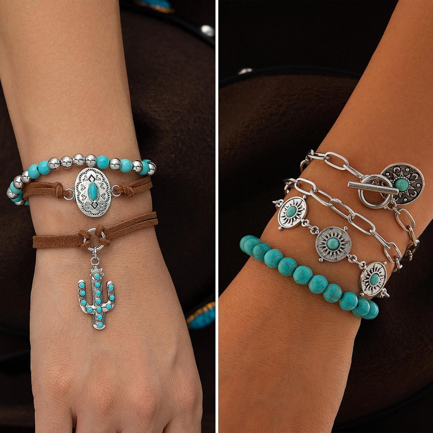 Bohemian Jewelry Set with Turquoise Necklace, Dangle Earrings, Stackable Bangle Bracelets, Knuckle Rings for Women Vintage Western Boho Turquoise Anniversary Birthday Friendship Gift