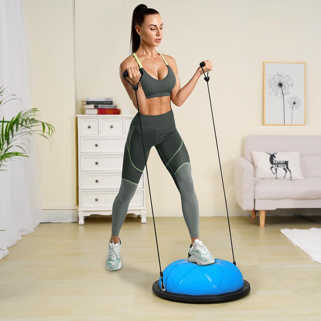 Half Exercise Ball Trainer, 23/26 Inch Balance Ball Trainer, 1500Lbs Capacity Stability Ball, Yoga Ball with Resistance Bands & Foot Pump, Strength Fitness Ball for Home Gym Full Body Workout