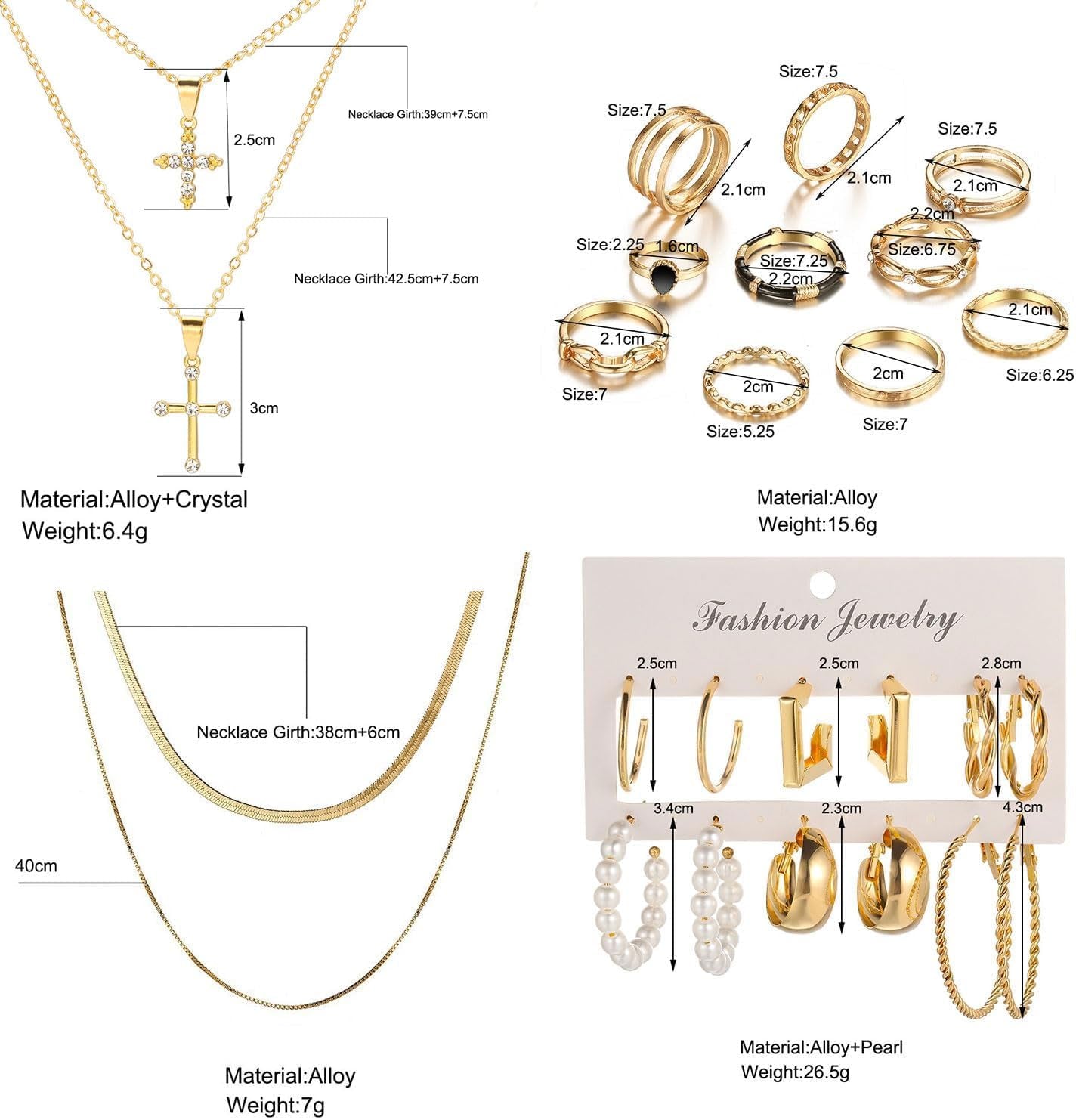 73 Pcs Gold Jewelry Set with 6Pcs Layered Necklace, 11 Pcs Anklet and 7Pcs Earring Ear Cuff,12Hoop Earrings ,15Pcs Rings,21Pcs Stud Earrings Jewerly Set for Women Pack for Friendship Party Gift