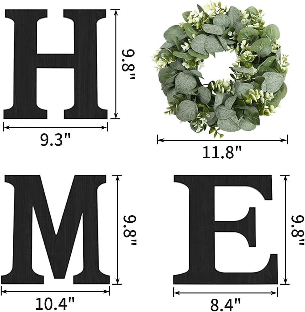 Wood Home Sign with Artificial Eucalyptus Wreath for O, Hanging Farmhouse Wall House Decor Wood Letters for Wall Art Rustic Home Decor, Wall Decor for Living Room Kitchen Entryway (Black)