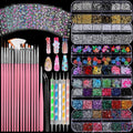 Nail Charms and Nail Brushes, Nail Accessories Kit with 15 Pcs Nail Art Brushes, 6 Box Nail Charms and Gems, 10 Pcs Flower Nail Stickers, 5 Pcs Dotting Tools, Nail Art Kit with Nail Brush