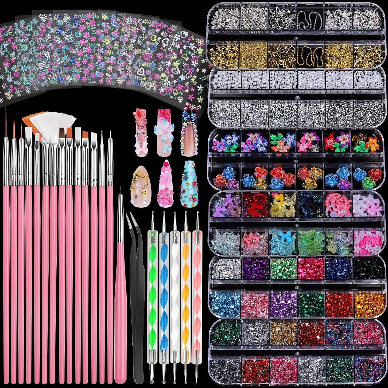 Nail Charms and Nail Brushes, Nail Accessories Kit with 15 Pcs Nail Art Brushes, 6 Box Nail Charms and Gems, 10 Pcs Flower Nail Stickers, 5 Pcs Dotting Tools, Nail Art Kit with Nail Brush