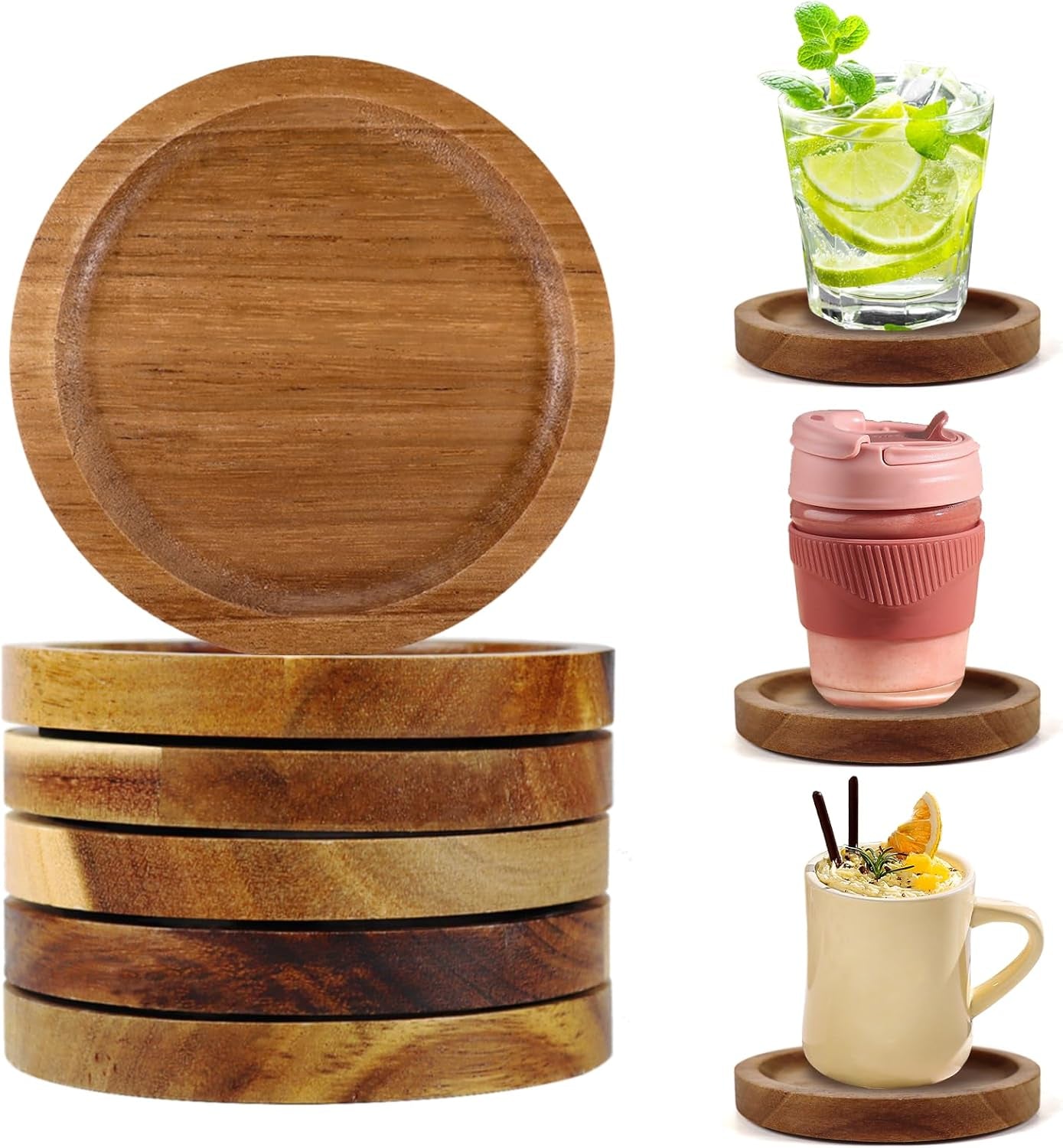 Acacia Wood Coasters Set of 4 with Holder – Natural Wooden Drink Coasters with Foam Feet, Anti-Slip & Heat-Resistant – Elegant Rustic Home Decor & Perfect Housewarming Gift