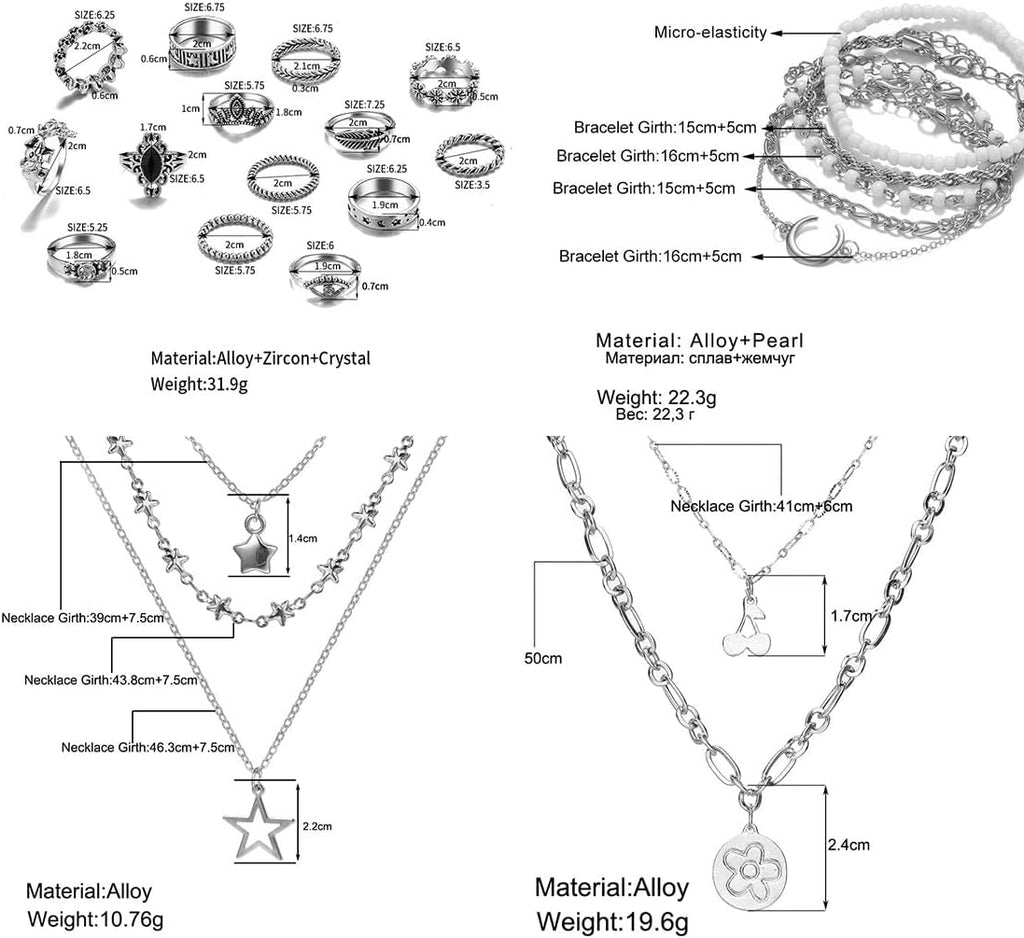 37Pcs Silver Jewelry Set with 3 PCS Necklace, 14 PCS Bracelet, 7 PCS Ear Cuffs Earring, 6Pcs Hoop Earrings,7Pcs Silver Rings Set for Women for Birthday Gifts