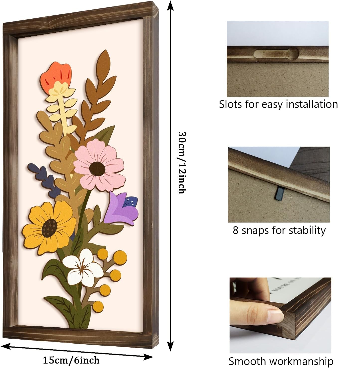 3D Floral Wall Art, 2 Set Rustic Wood Boho Flower with Vase Framed Wall Decor for Bathroom Living Room Bedroom Office Housewarming Gift, Ready to Hang Plaque Sculptures (White-A, 6L" X 12W", Framed)