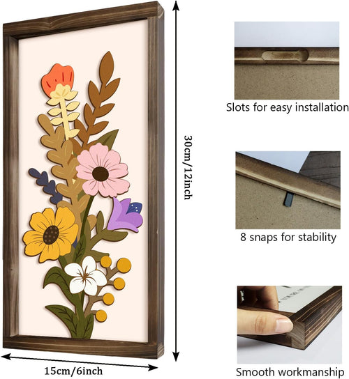 3D Floral Wall Art, 2 Set Rustic Wood Boho Flower with Vase Framed Wall Decor for Bathroom Living Room Bedroom Office Housewarming Gift, Ready to Hang Plaque Sculptures (White-A, 6L" X 12W", Framed)