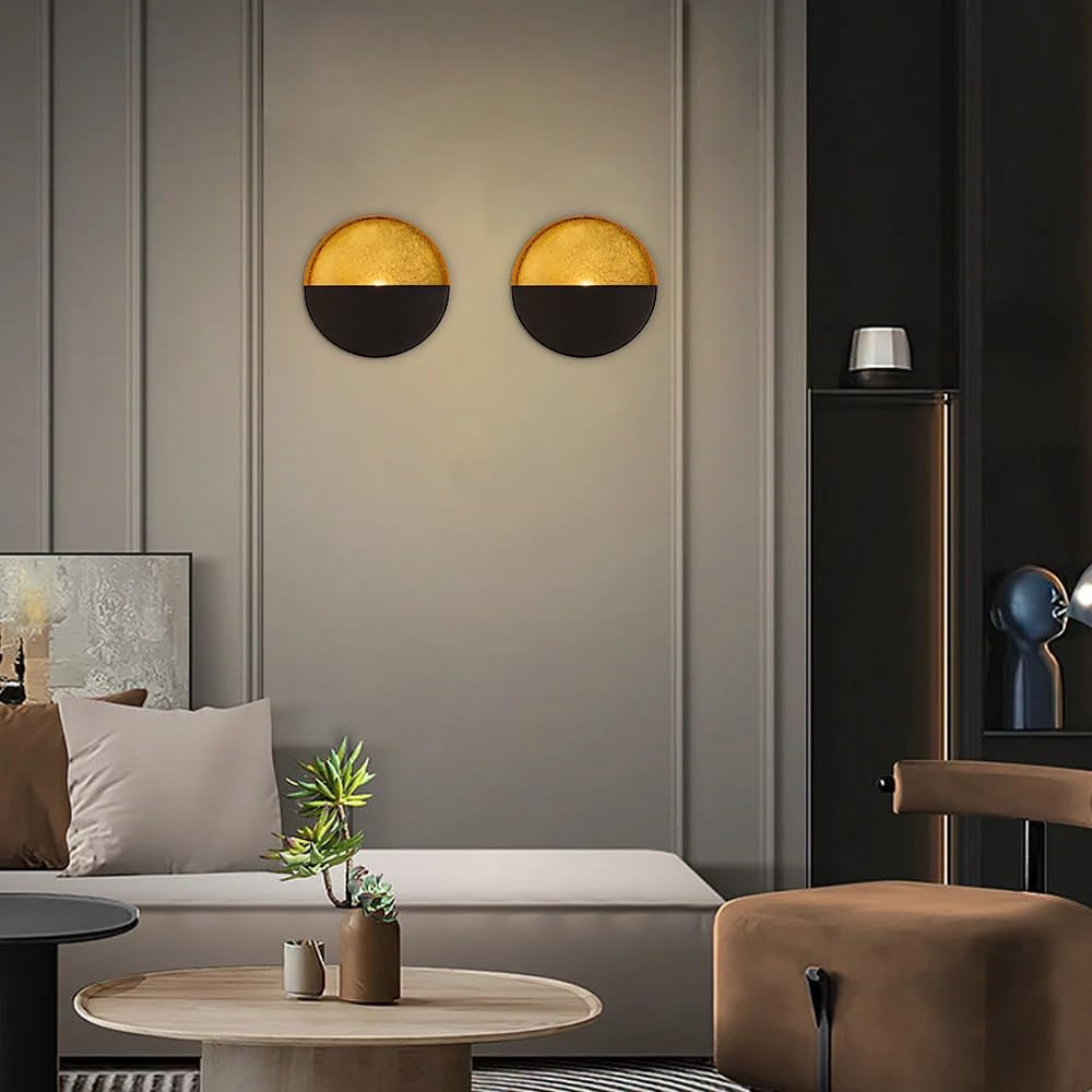 Luxury Metal Wall Candle Sconces – Small Handcrafted Wall-Mounted Tealight Candle Holders with Gold Leaf Interior – Modern & Rustic Home Décor for Living Room, Hallway – 6.5" Black Two Pieces