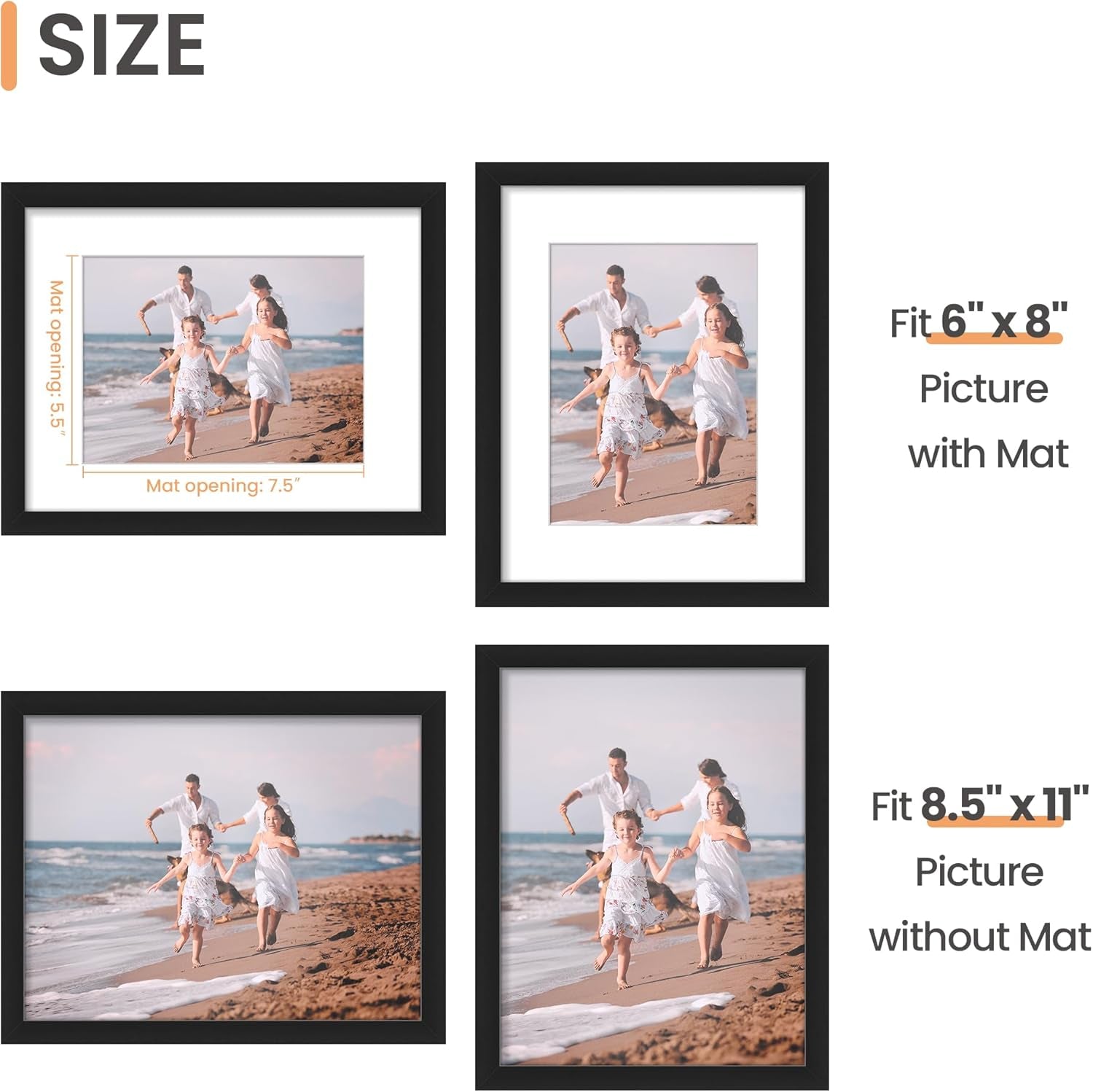 8.5x11 Black Picture Frame – Wall Hanging Display with Mat