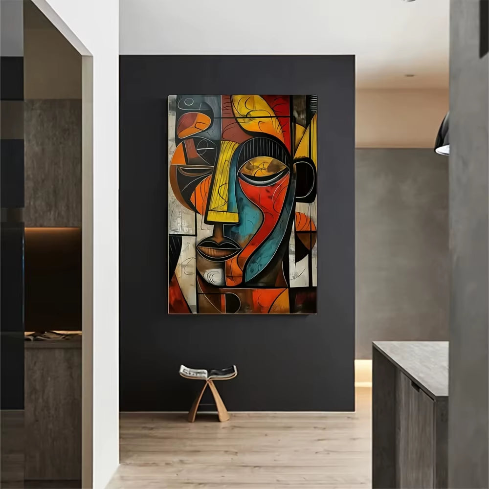Yellow Brown Picasso Wall Art Canvas Poster, Modern Abstract African Tribal Mask Canvas Painting, Wall Art Decor for Livingroom