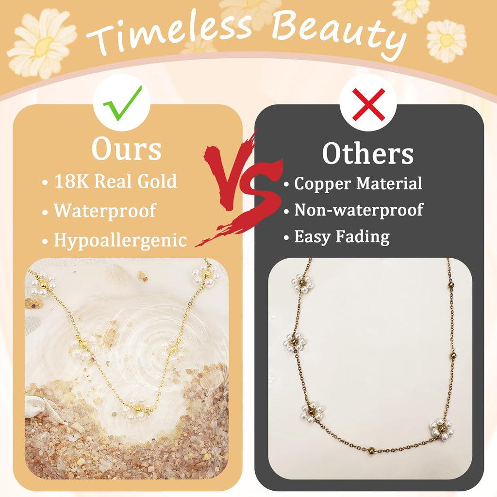 Pearl Necklaces, Daisy Pearls Choker for Women'S Pearl Strand Necklaces as Silver and Gold Choker for Teens, Silver Daisy Birthday Gifts 3 Pearls White Necklace as Prom Bridesmaid Gifts