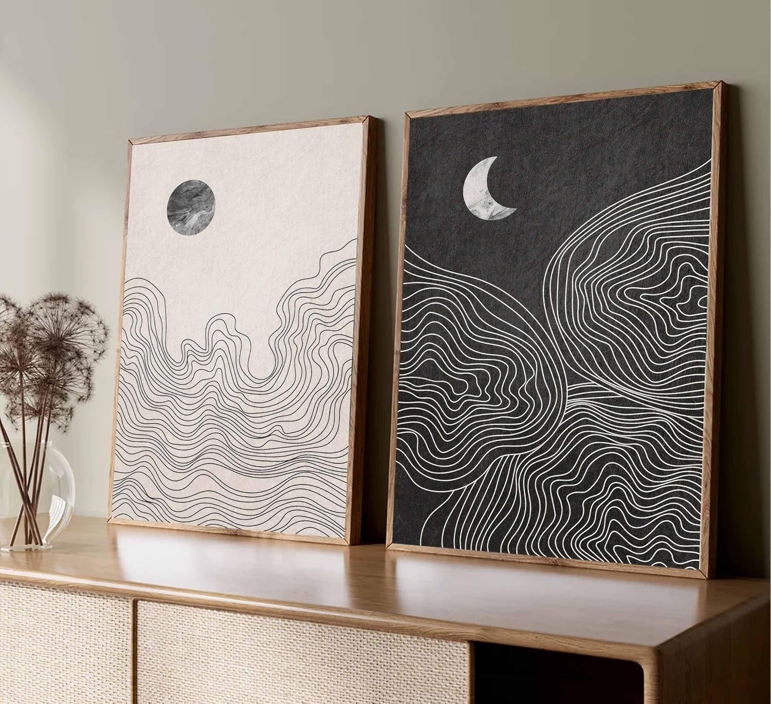 2 Pcs Modern Minimalist Boho Canvas Wall Art Neutral Black and White Abstract Sun and Moon Lines Paintings Pictures Wall Decor Poster Print Artwork for Living Room Bedroom Home Decoration Unframed