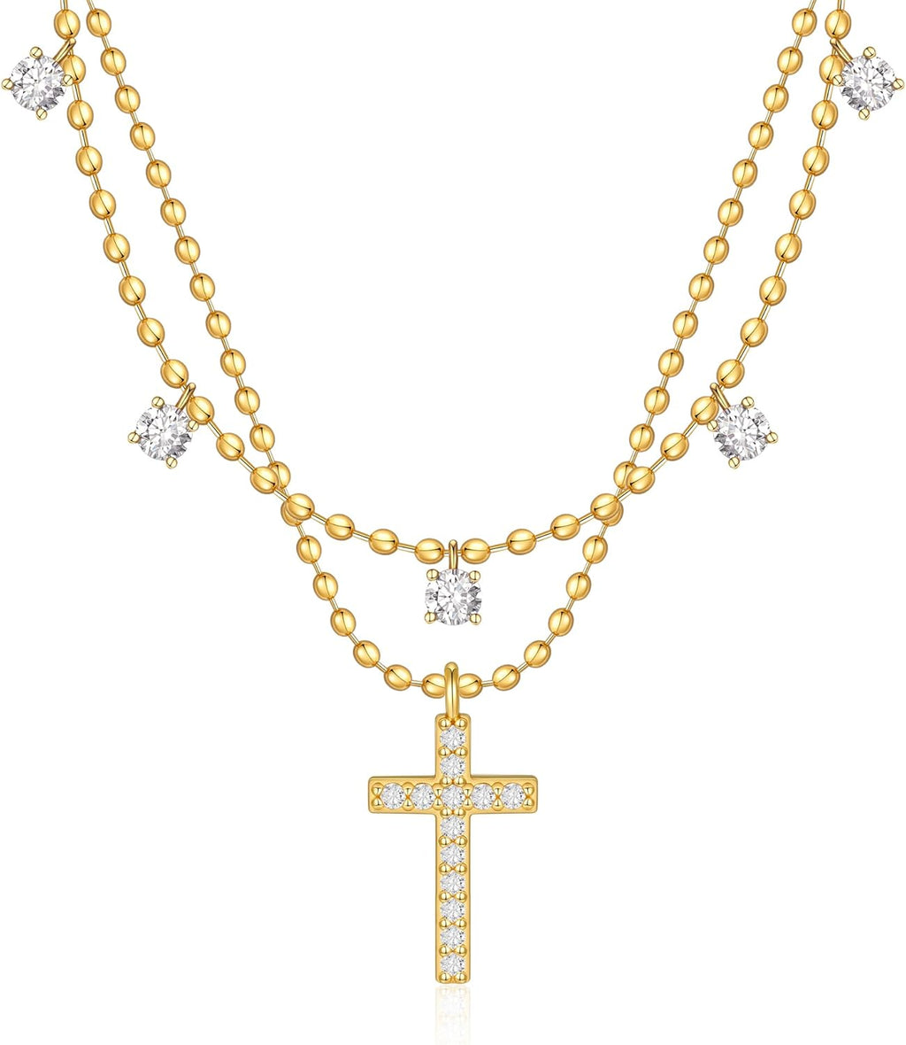 Cross Necklace for Women 14K Gold Silver Plated Dainty Small Cross Pendant Choker Simple Trendy Cute Cross Charm Chain Necklace Easter Basket Stuffers Baptism Religious Faith Jewelry Gift