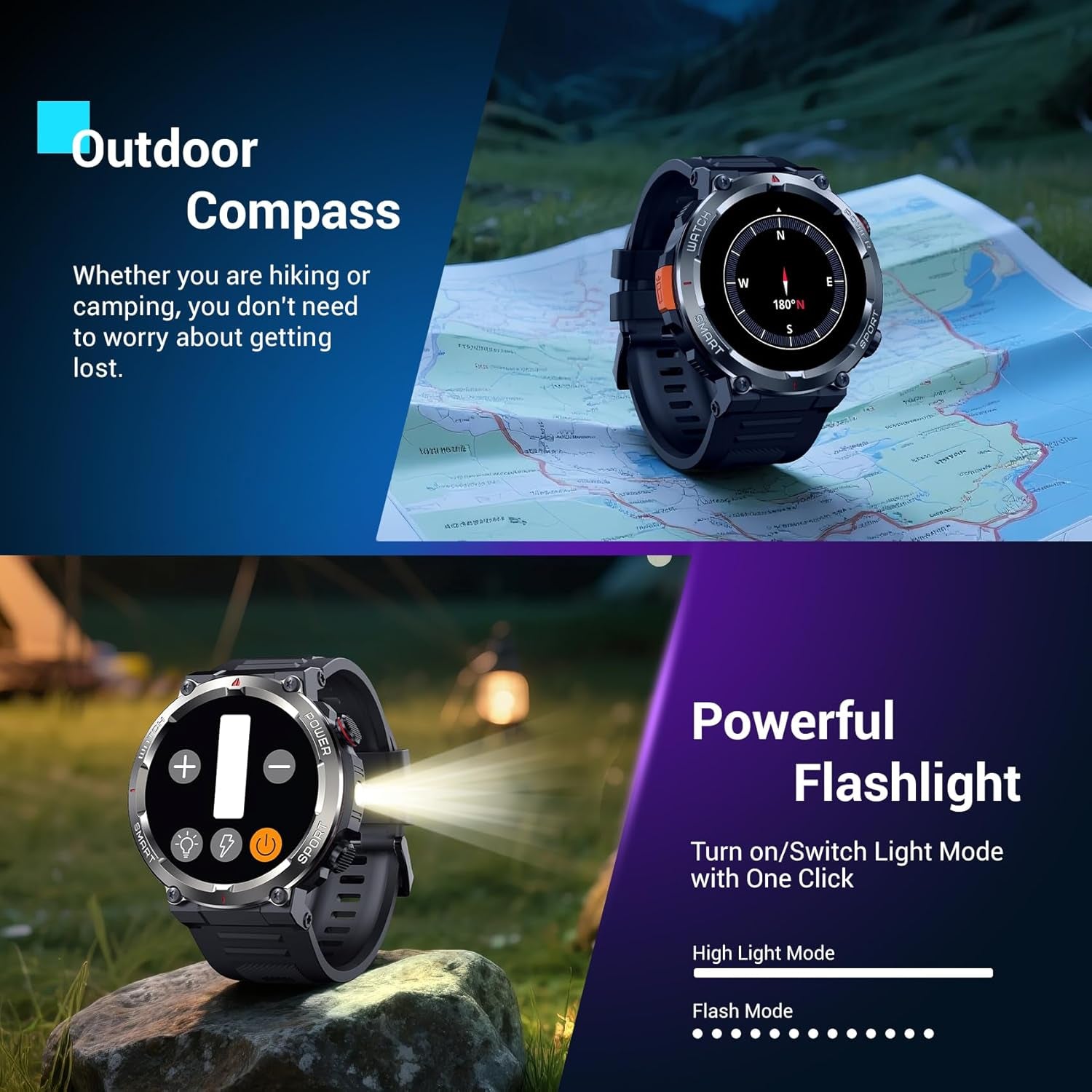 Military Smart Watch for Men(Answer/Make Calls),Outdoor Smartwatch with 100 Days Battery/Flashlight/Compass/Heart Rate/Spo2/Sleep Monitor/2 Straps, Rugged Fitness Watch for Iphone/Android Phones